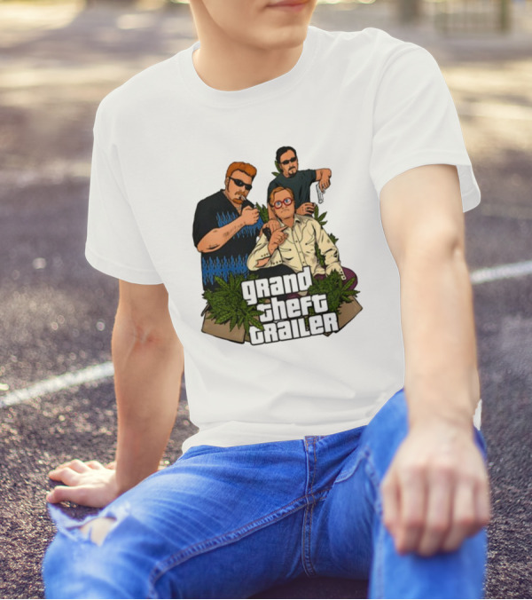 Grand Theft Trailer Cannabis Comedy Trio With Sunglasses And Pistol T-Shirt