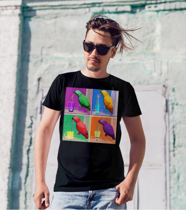 Apolloandfrens Suck Bird Colorful Pop Art Parrot Drinking From Straws T-Shirt