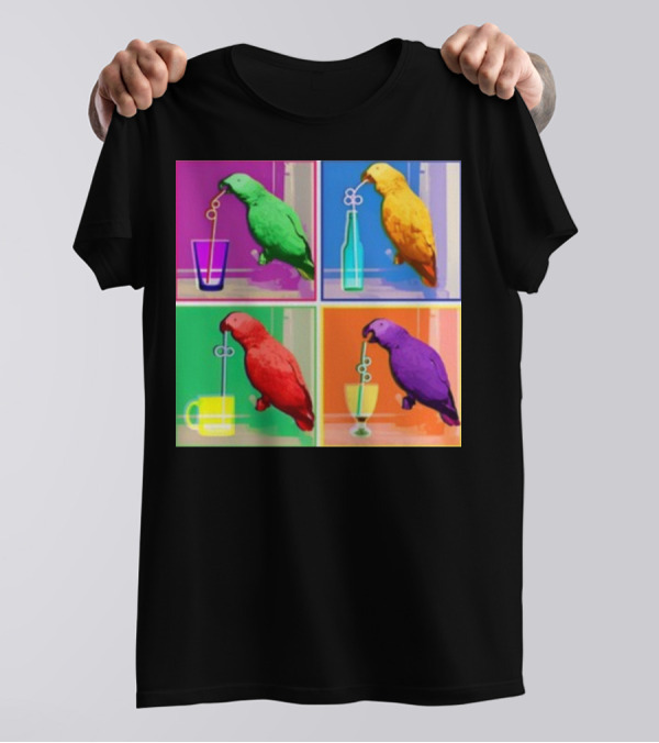 Apolloandfrens Suck Bird Colorful Pop Art Parrot Drinking From Straws T-Shirt