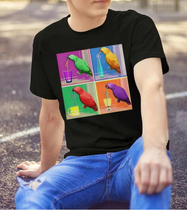 Apolloandfrens Suck Bird Colorful Pop Art Parrot Drinking From Straws T-Shirt