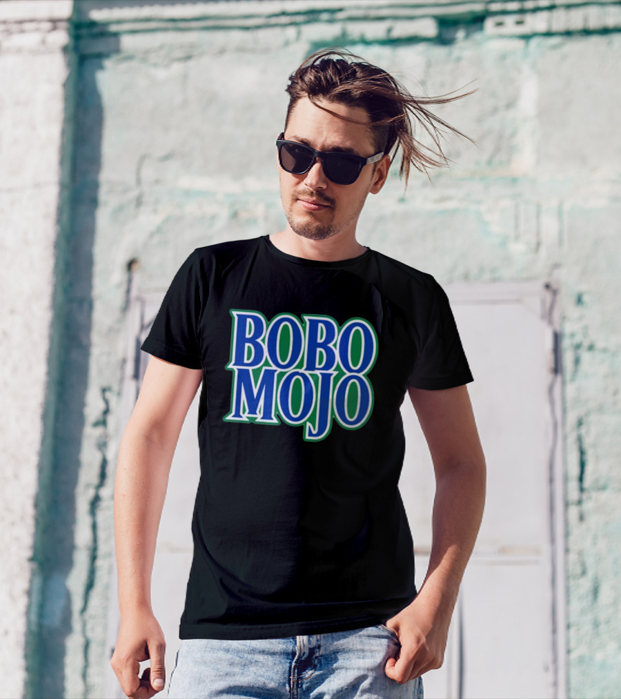 BOBO MOJO Retro Bold Blue And Green Text T-Shirt