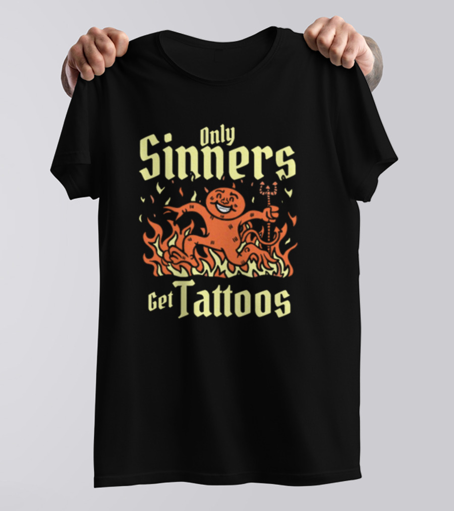 Gotfunny Only Sinners Get Tattoos Gingerbread Devil In Flames T-Shirt