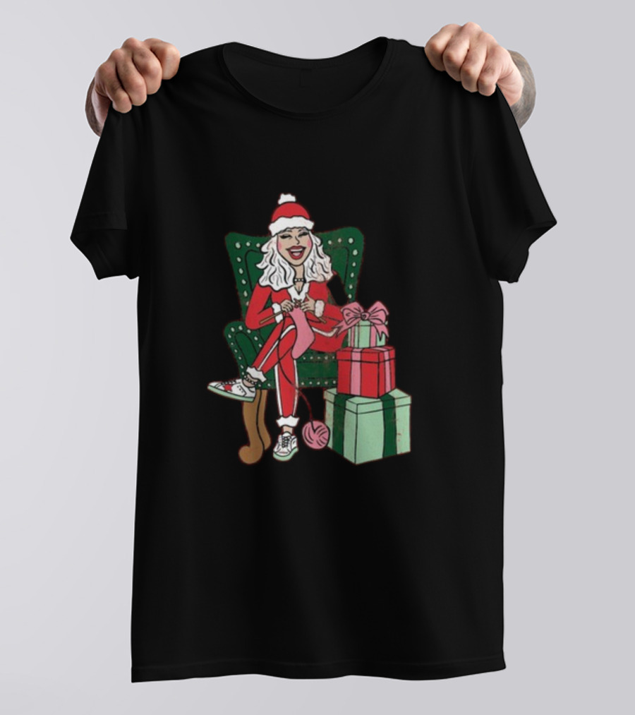 Fleece Navidad Merry Christmas Santa Woman Knitting Presents T-Shirt