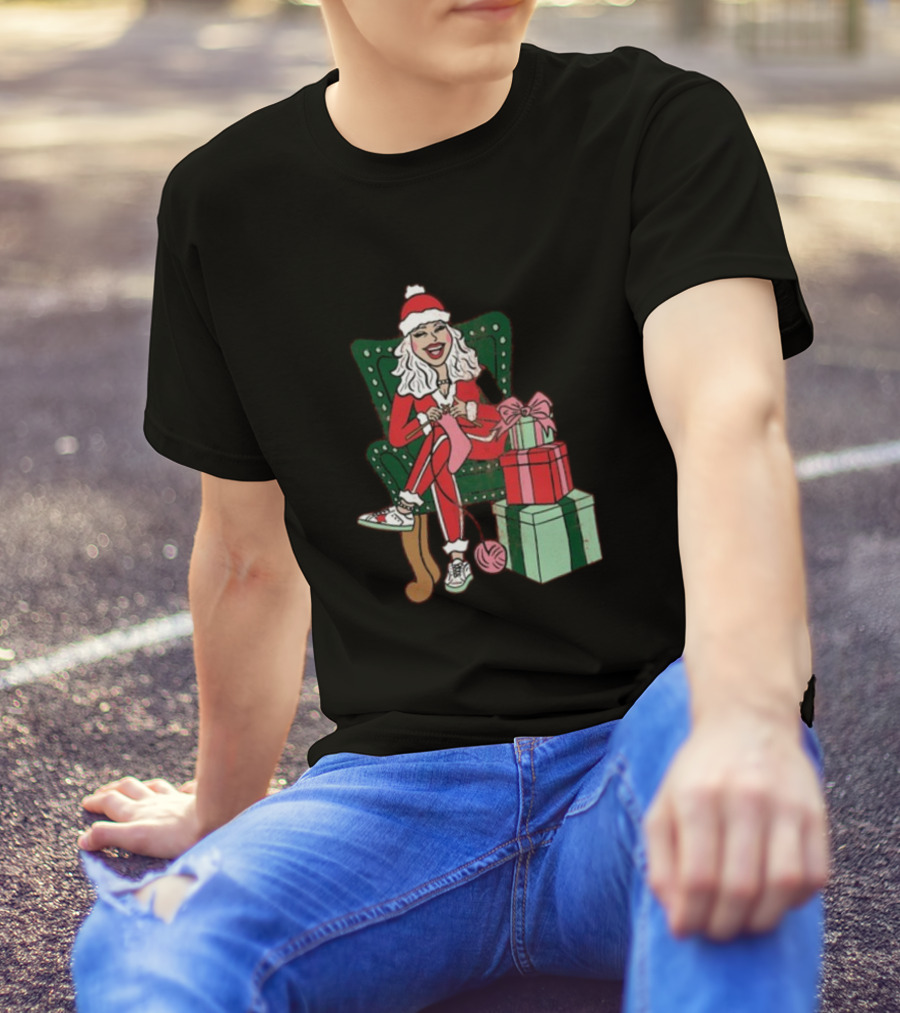 Fleece Navidad Merry Christmas Santa Woman Knitting Presents T-Shirt
