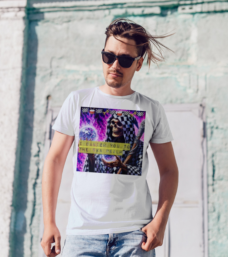 I Banish You To The Ska Realm With Skeleton Holding Disco Balls And Checkered T-Shirt