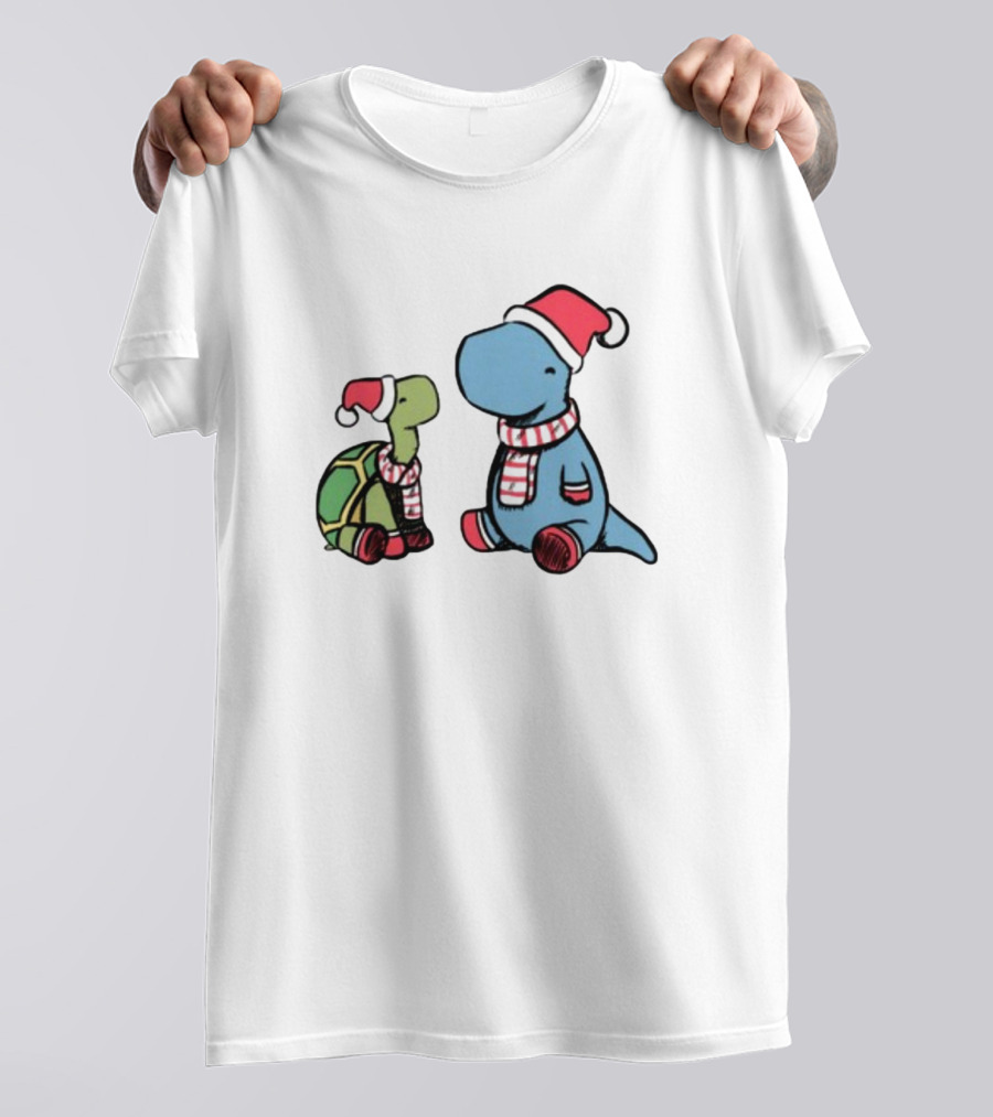 Christmas Tortoise And Dino Santa Hats And Scarves T-Shirt