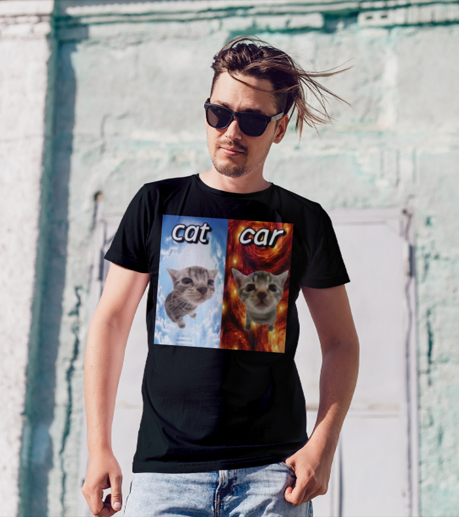 Cringeytees Cat Car Kitten Showdown Sky Vs Swirl Background T-Shirt