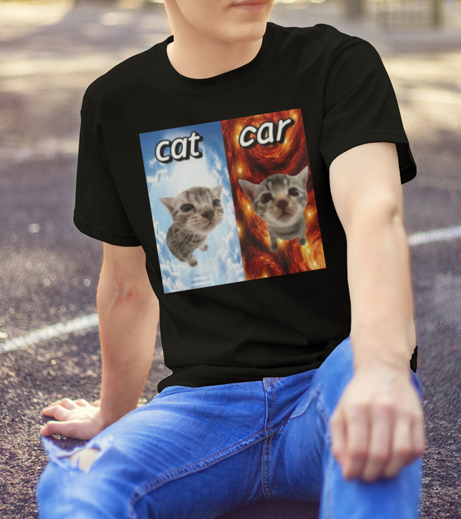 Cringeytees Cat Car Kitten Showdown Sky Vs Swirl Background T-Shirt