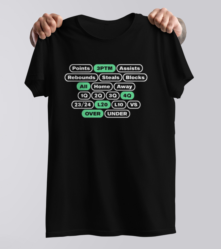 Points 3PTM Assists Rebounds Steals Blocks All Home Away 1Q 2Q 3Q 4Q 23/24 L20 L10 VS Over Under T-Shirt