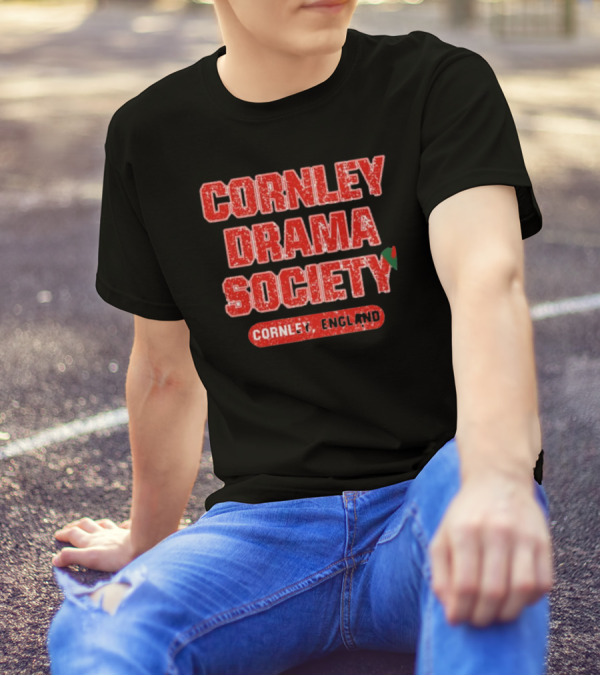 Cornley Drama Society England Red Distressed Text With Holly Leaf T-Shirt