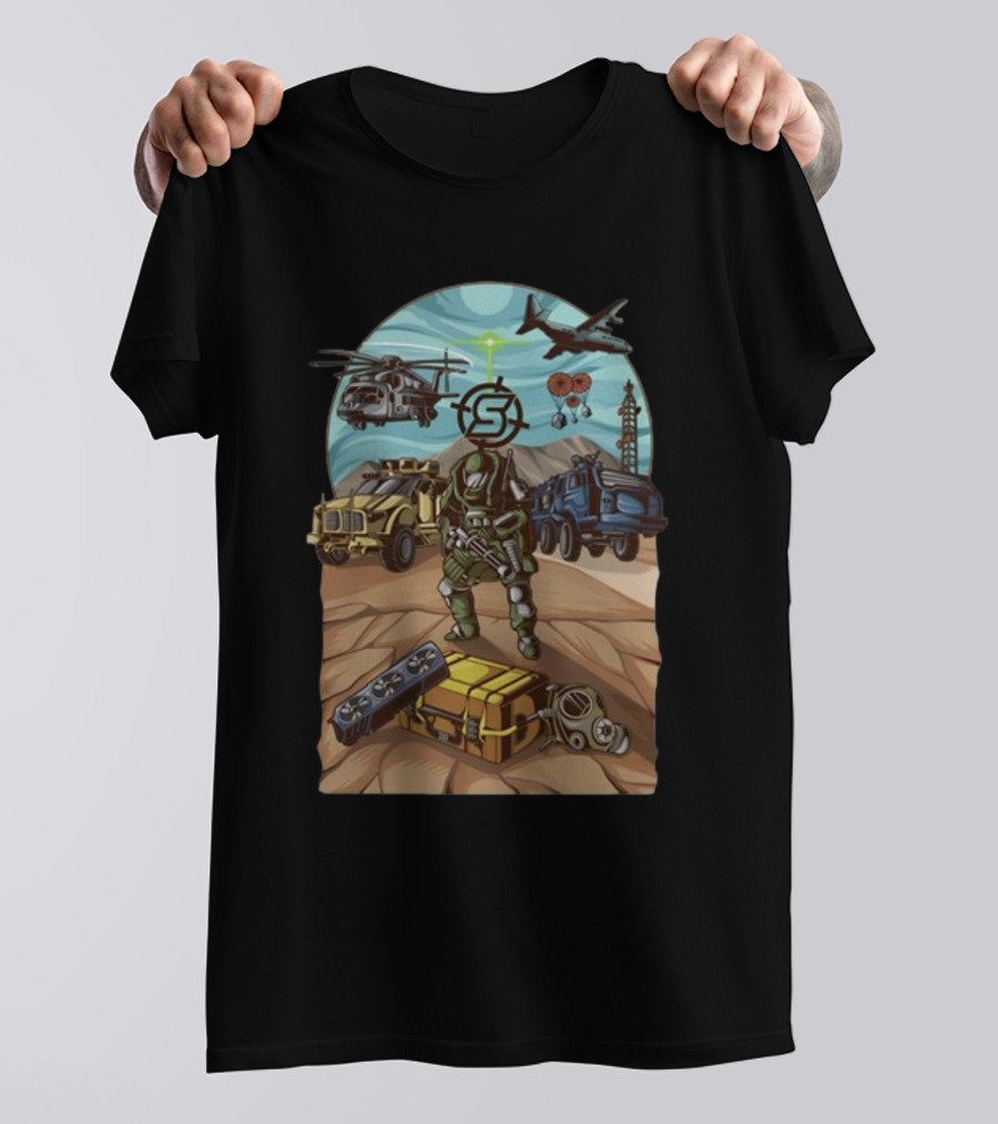 Final Exfil Military Tactical Scene With Soldier Vehicles Helicopter And Plane T-Shirt