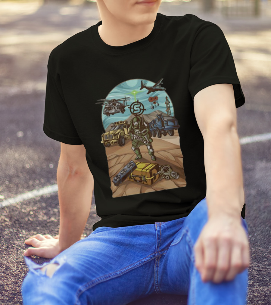 Final Exfil Military Tactical Scene With Soldier Vehicles Helicopter And Plane T-Shirt