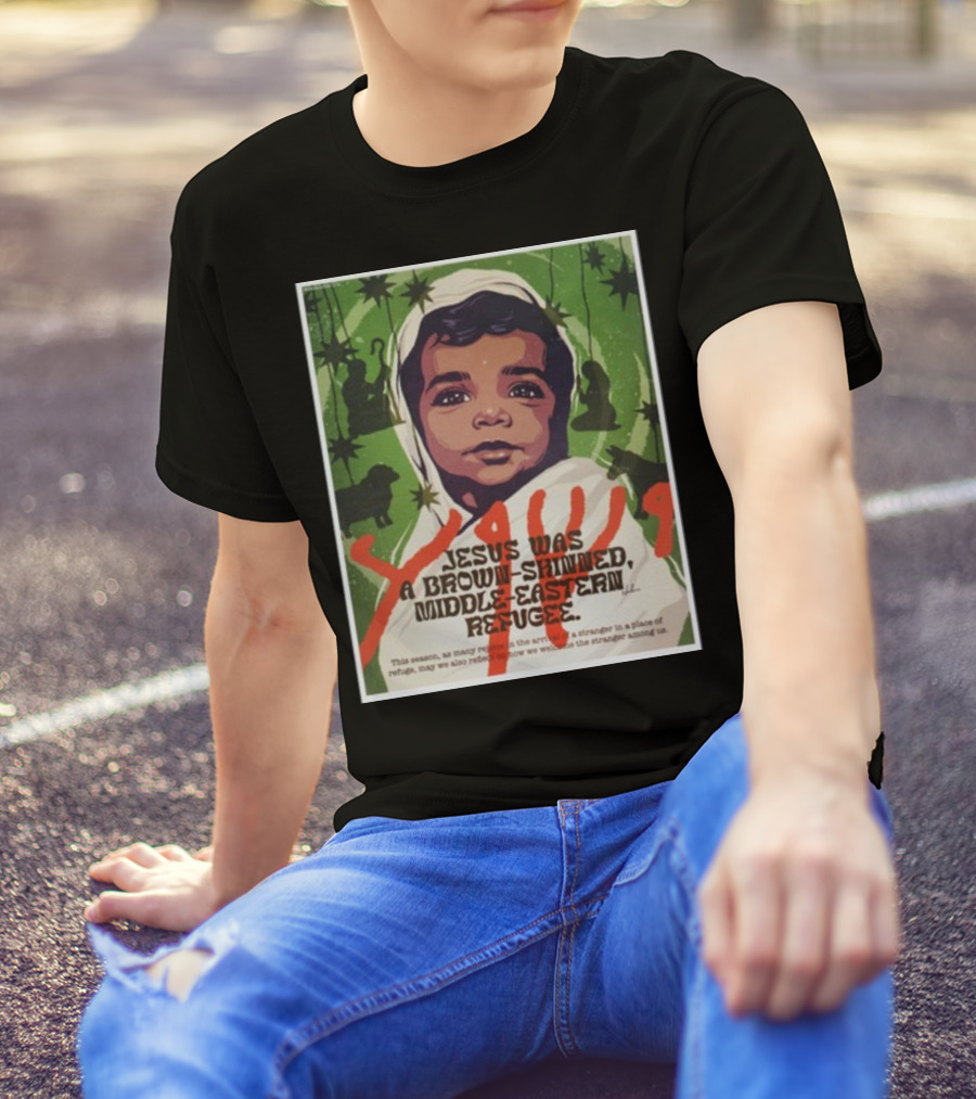 Jesus Was A Brown-Skinned Middle-Eastern Refugee Young Child Portrait Green Star Background T-Shirt