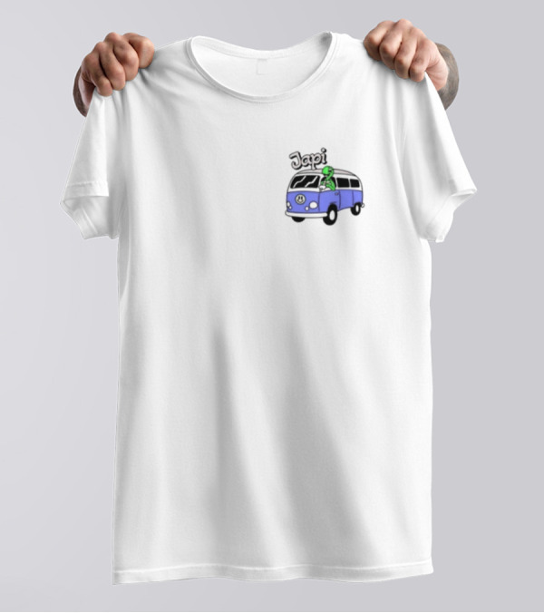 Japi Alien Character Surfer Riding Blue Peace Bus T-Shirt