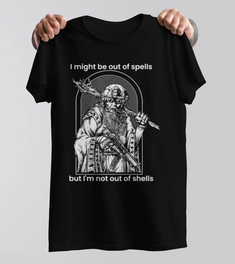 Samwise7rpg I Might Be Out Of Spells But I'm Not Out Of Shells Wizard Holding Shotgun And Staff T-Shirt