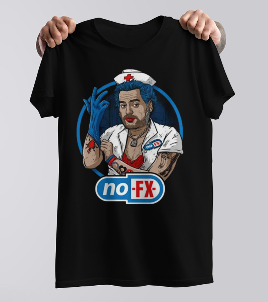 NOFX Blue Haired Nurse Mike Character In Red Lingerie With Tattoos And Blue Glove T-Shirt