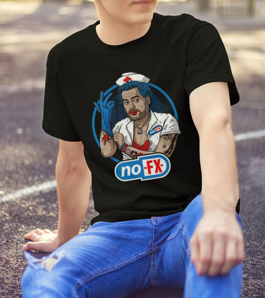 NOFX Blue Haired Nurse Mike Character In Red Lingerie With Tattoos And Blue Glove T-Shirt