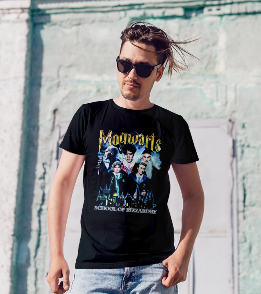 Mogwarts School Of Rizzardry Hogwarts Parody Featuring Iconic Wizard Figures And Castle T-Shirt