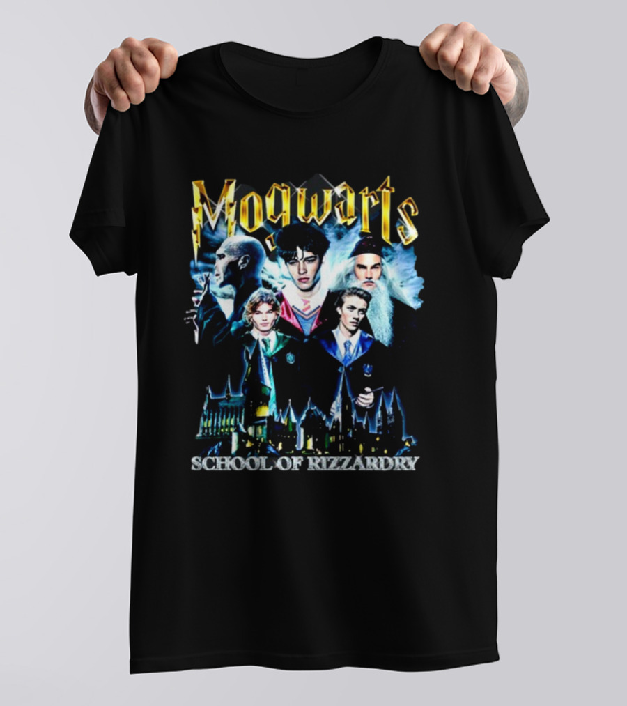 Mogwarts School Of Rizzardry Hogwarts Parody Featuring Iconic Wizard Figures And Castle T-Shirt
