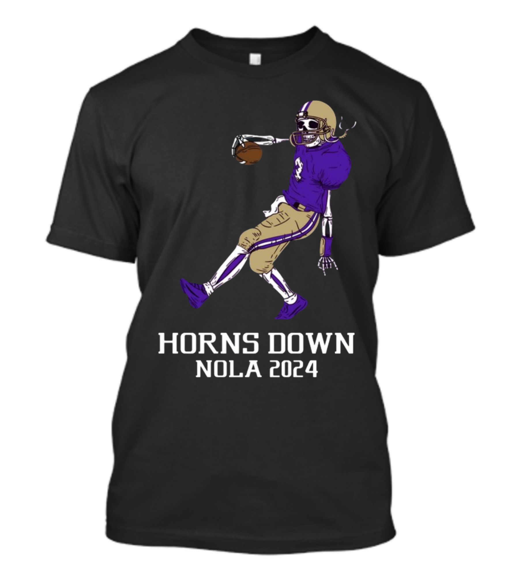 Horns Down Nola 2024 Skeleton Football Player T-Shirt