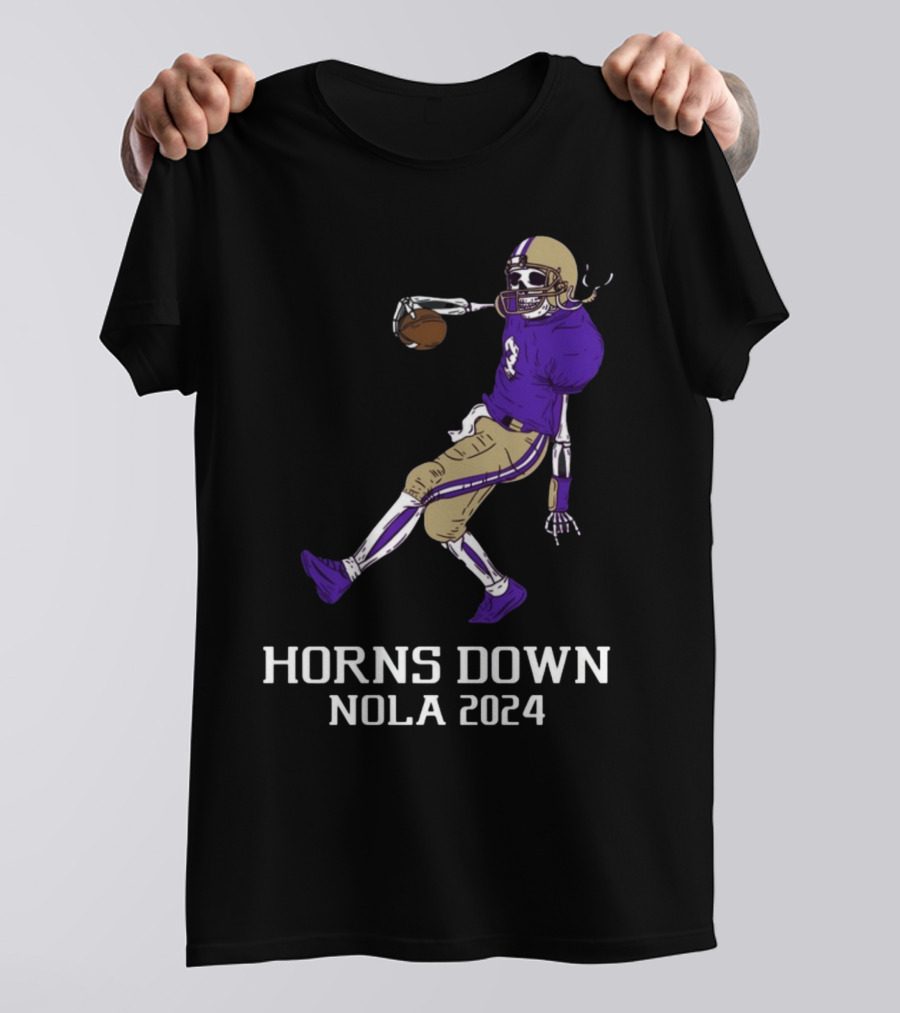 Horns Down Nola 2024 Skeleton Football Player T-Shirt
