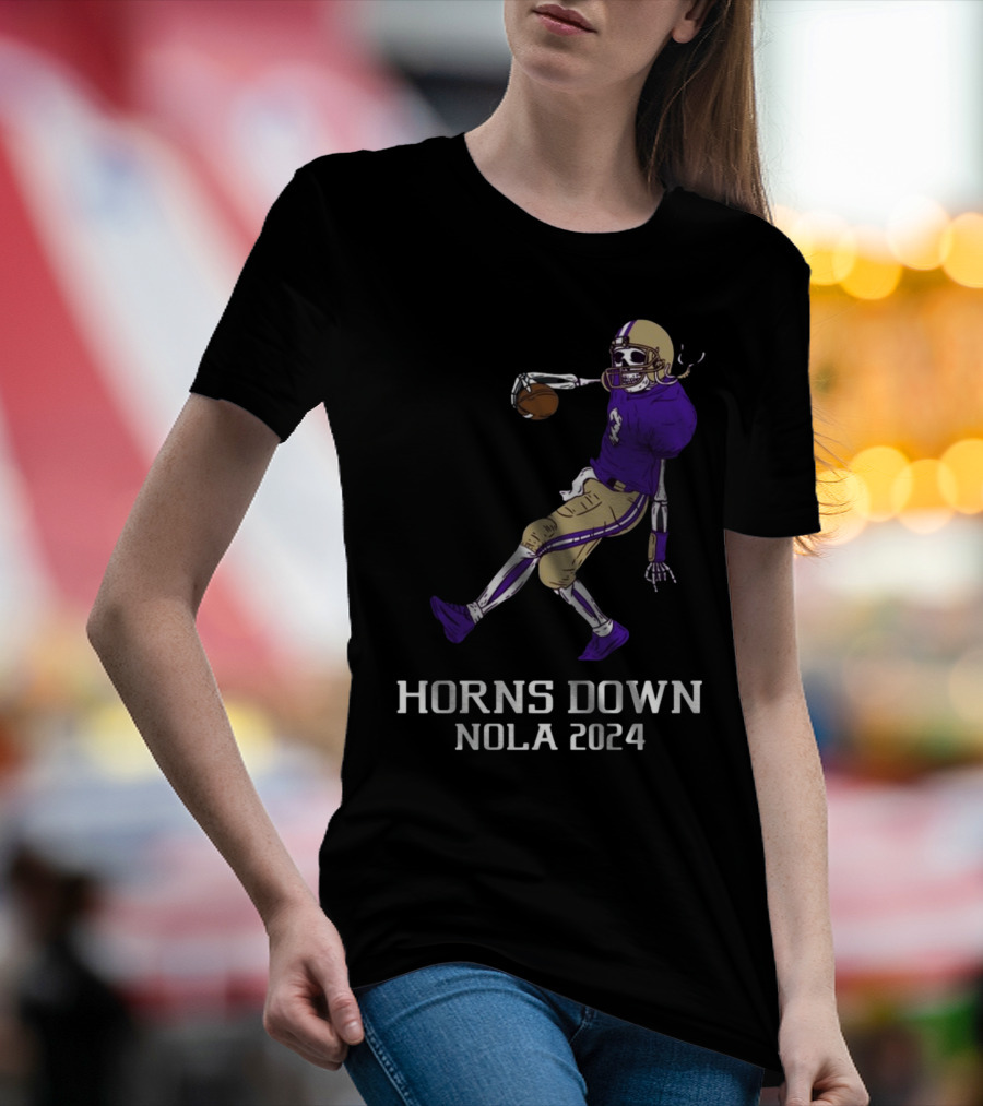 Horns Down Nola 2024 Skeleton Football Player T-Shirt