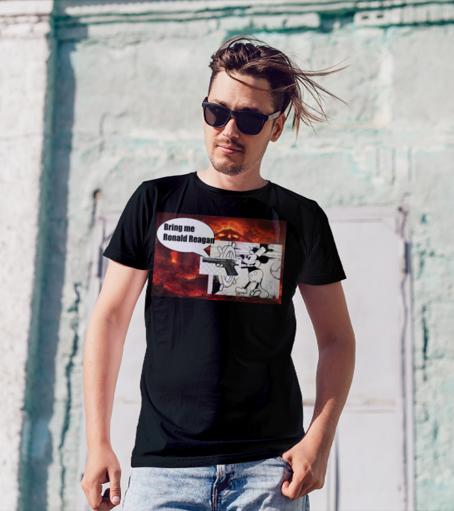 Bring Me Ronald Reagan Cartoon Character And Gun Over Fiery Background T-Shirt