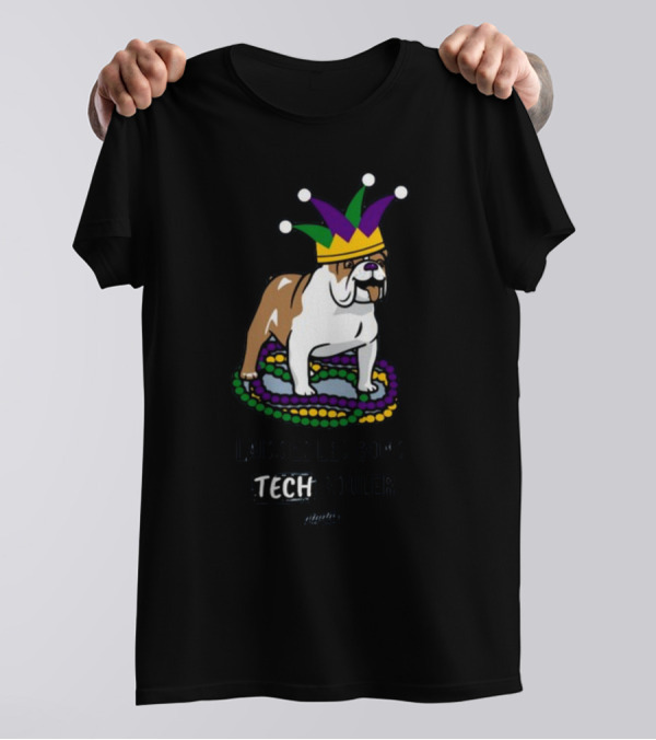 Laissez Les Bons Tech Rouler Bulldog With Mardi Gras Beads And Jester Hat Glitch T-Shirt