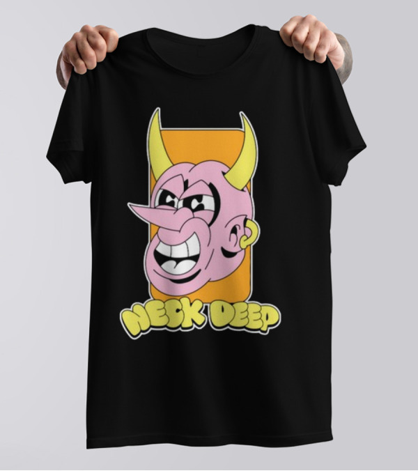 NeckDeepUK Neck Deep Cartoon Devil Face Yellow Horns Pink Head T-Shirt
