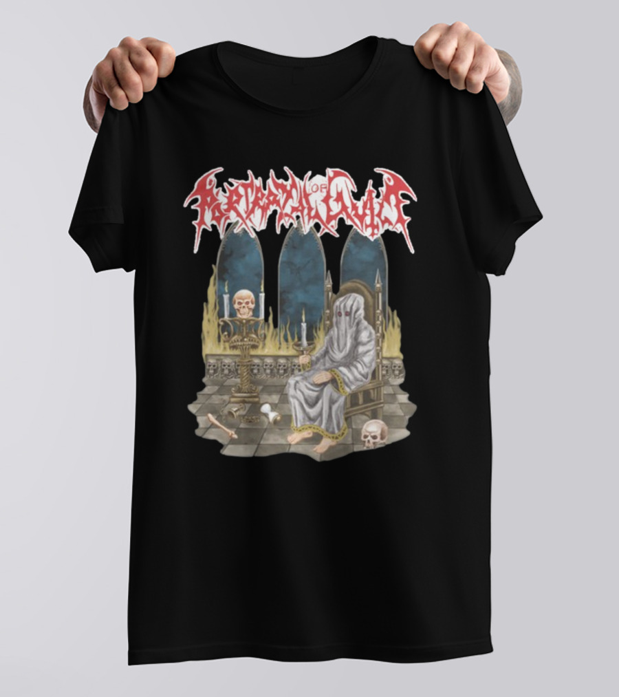 Portrayal Of Guilt Eyedust Cloaked Figure With Skull Throne And Candles T-Shirt