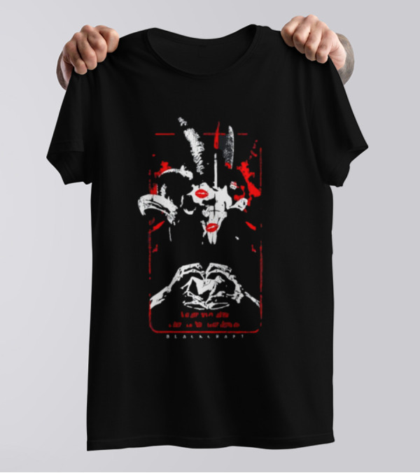Blackcraftcult Demonic Goat Skull With Red Accents And Hand Heart T-Shirt