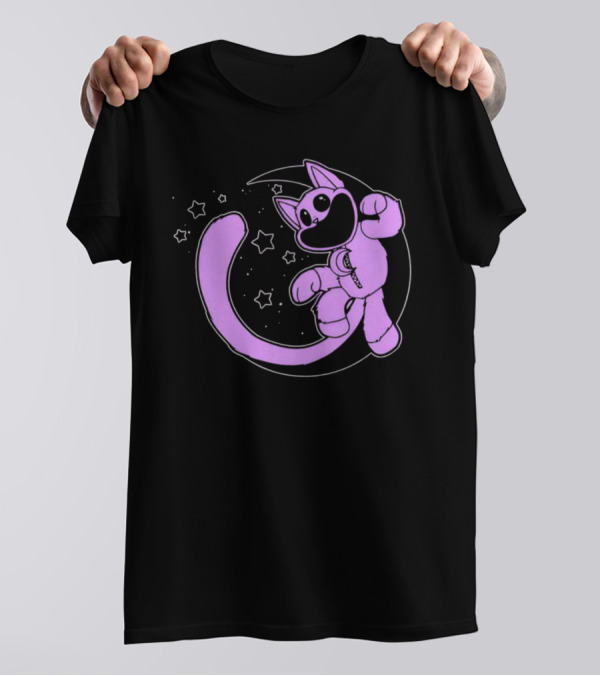 Purple Cartoon Cat With Stars And Moon T-Shirt