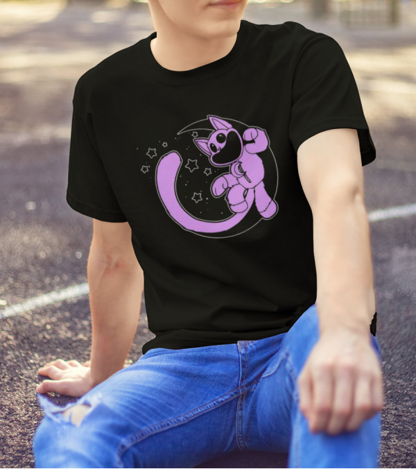 Purple Cartoon Cat With Stars And Moon T-Shirt