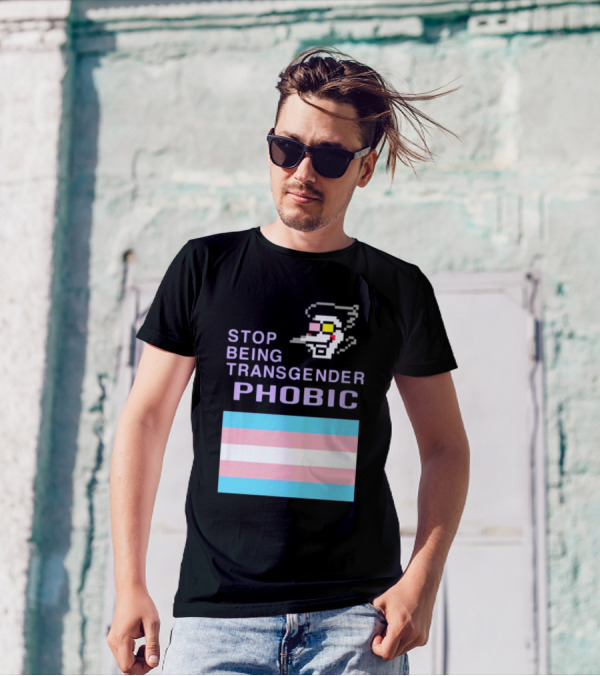 STOP BEING TRANSGENDER PHOBIC Deltarune Spamton Trans Flag T-Shirt