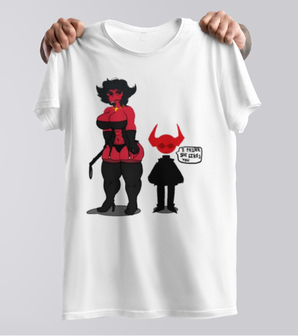Thewboy Red Character With Devil Horns I Think She Likes You T-Shirt