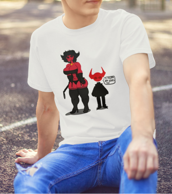Thewboy Red Character With Devil Horns I Think She Likes You T-Shirt