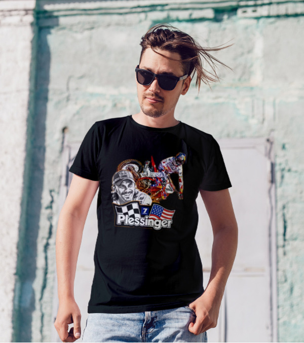 Plessinger American Motocross Racer With Flags And Checkered T-Shirt