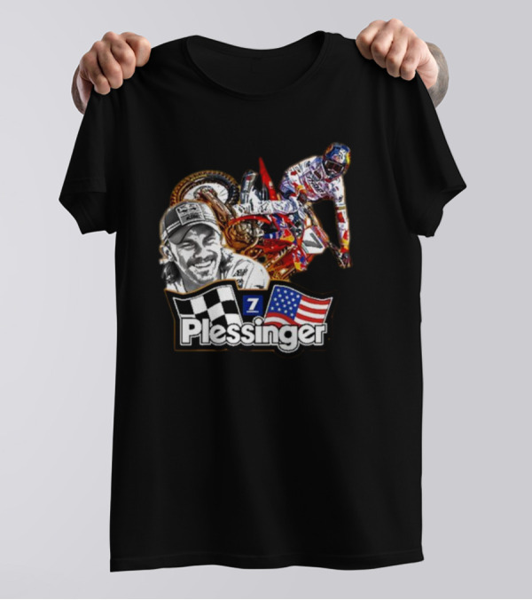 Plessinger American Motocross Racer With Flags And Checkered T-Shirt