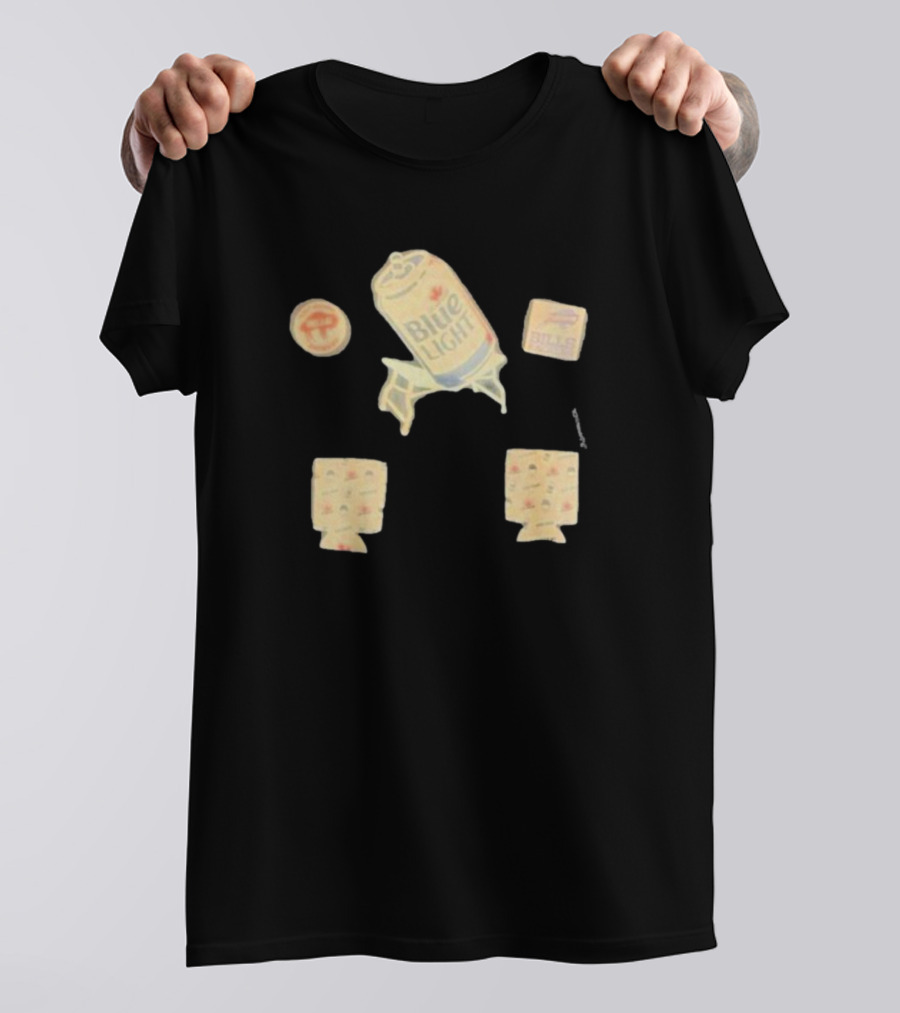 Buffalo Bills Blue Light Beer Can And Logo Elements T-Shirt