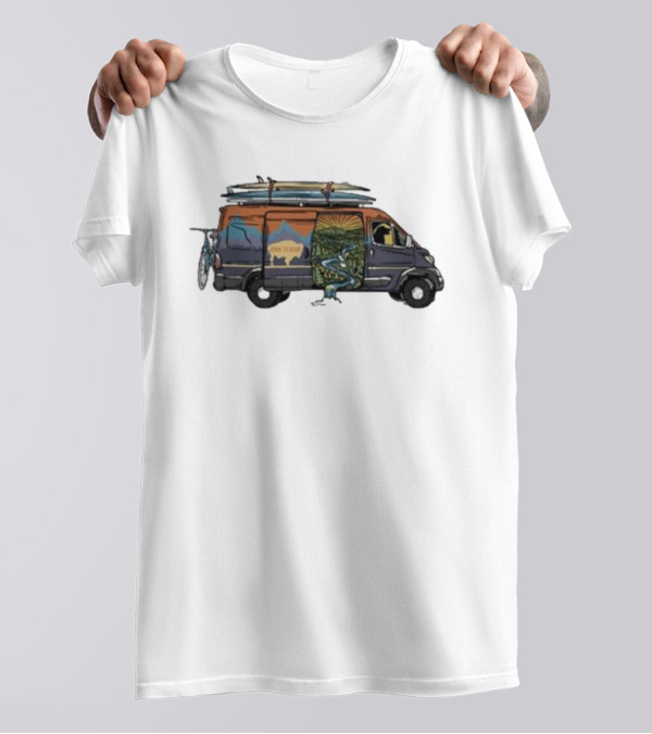 Born To Roam Adventure Camper With Surfboards And Bicycles T-Shirt