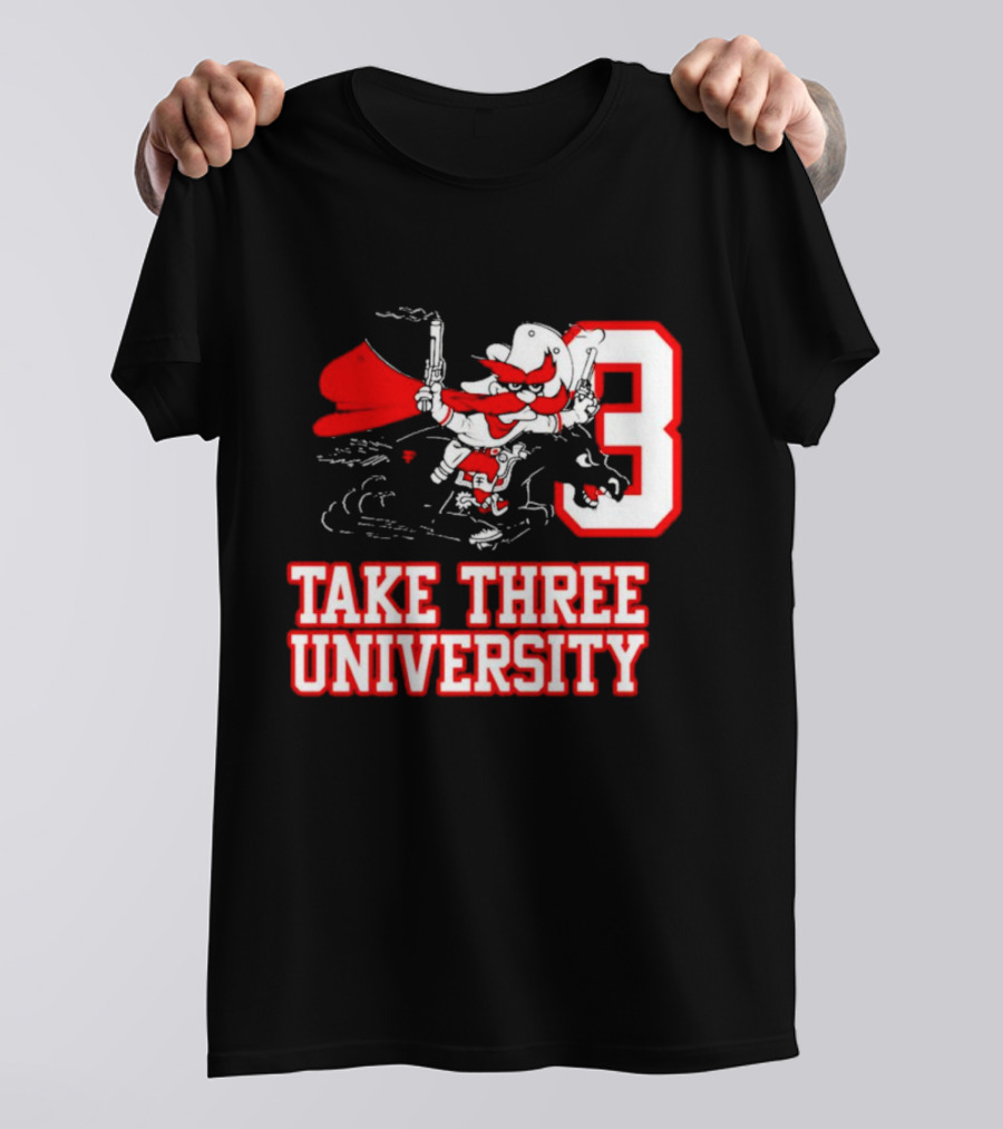 Take Three University Cowboy Mascot With Dual Pistols Number 3 T-Shirt