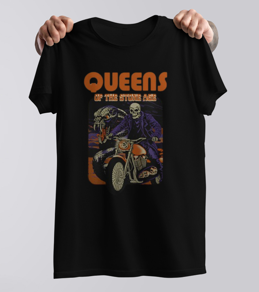 Queens Of The Stone Age Skeleton Biker With Snake Background T-Shirt