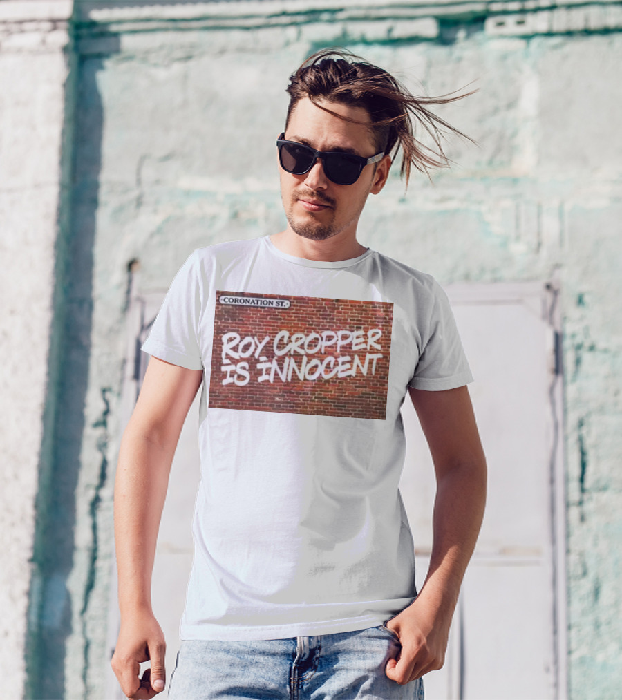 Coronation St Roy Cropper Is Innocent Brick Wall Graffiti Text T-Shirt