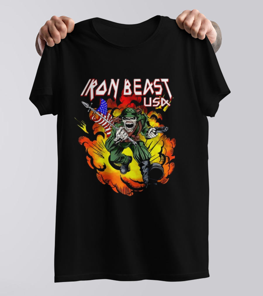 Iron Beast USA Explosive Soldier With American Flag T-Shirt