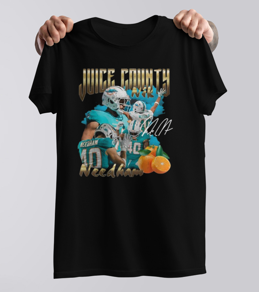 Clincboyzclothing Juice County Nik Needham Dolphins Football Player Signature Oranges T-Shirt