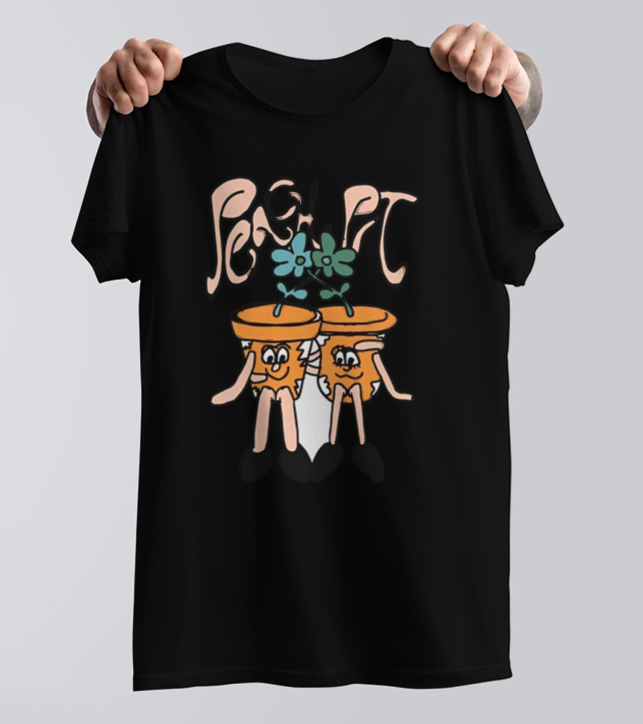 Peach Pit Dancing Flower Pots Duo Playful Cartoon Typography T-Shirt
