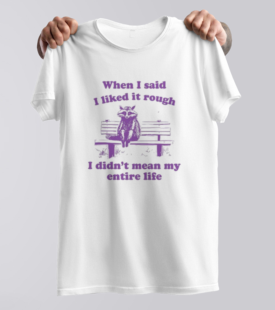 Raccoon Sitting On Bench When I Said I Liked It Rough I Didn't Mean My Entire Life T-Shirt