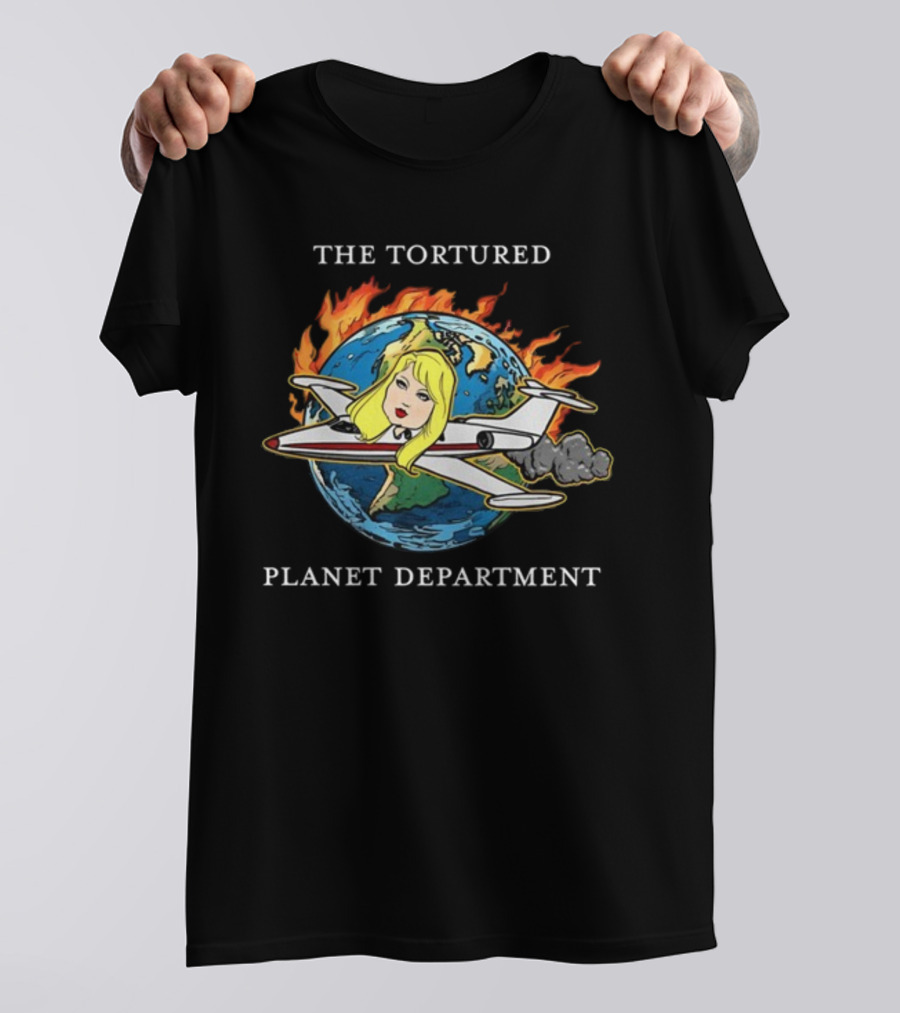 THE TORTURED PLANET FLAMING GLOBE AIRPLANE CARICATURE DEPARTMENT T-Shirt