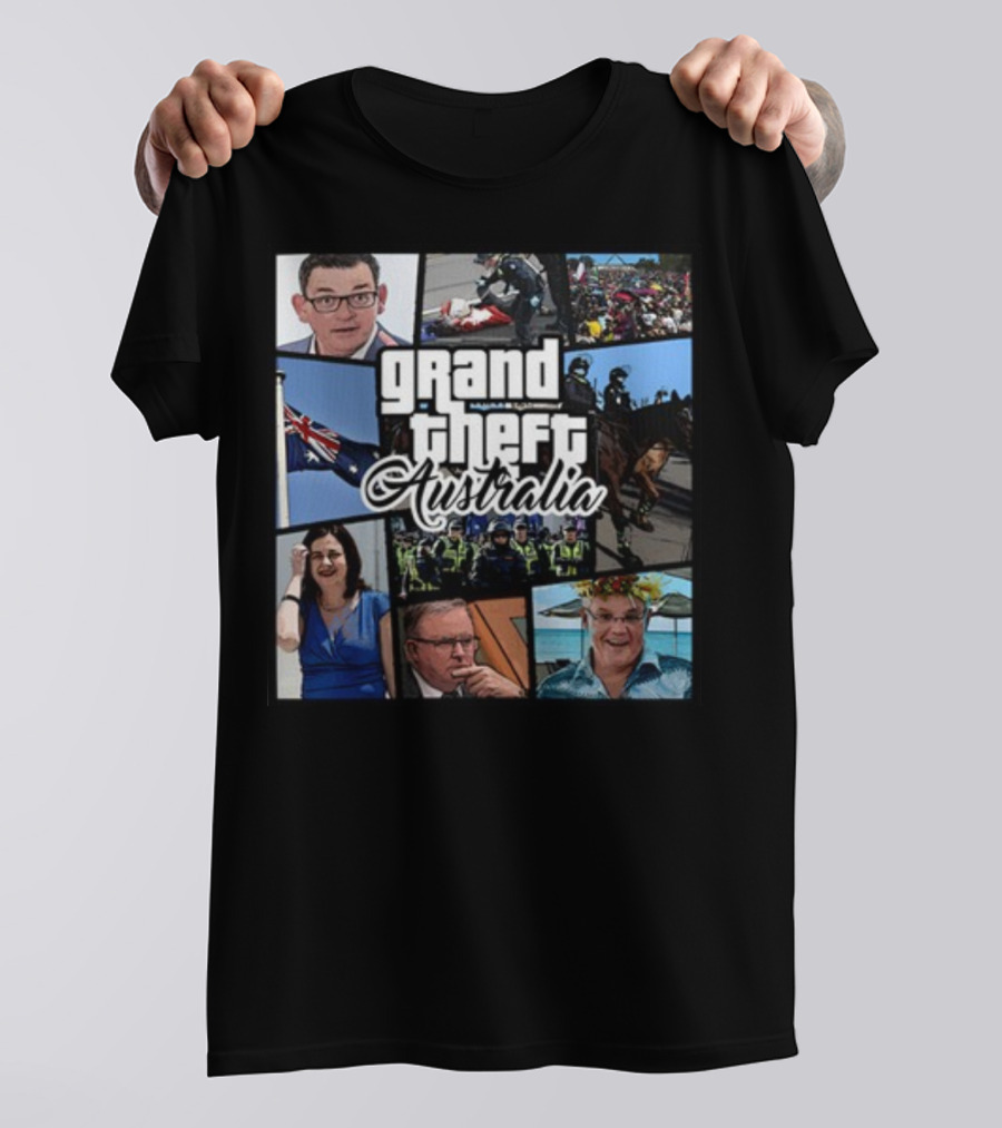Grand Theft Australia Aussiebotstudio Political And Cultural Satire Collage T-Shirt