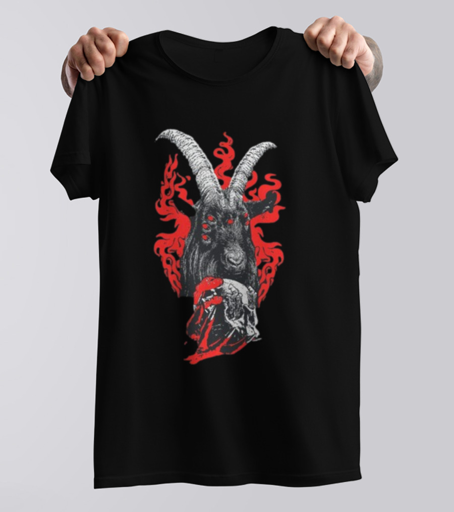 Blackcraft Cult Baphomet Goat Devil Skull With Red Flames And Hexed Hooves T-Shirt